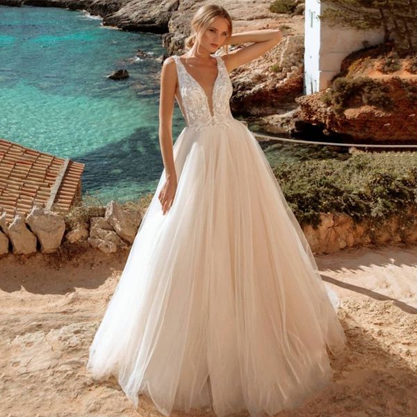 2021 Abito da sposa senza spalline in pizzo con scollo a V Abito da sposa a-line in tulle Destinaiton Abiti da sposa robes de mari￩es