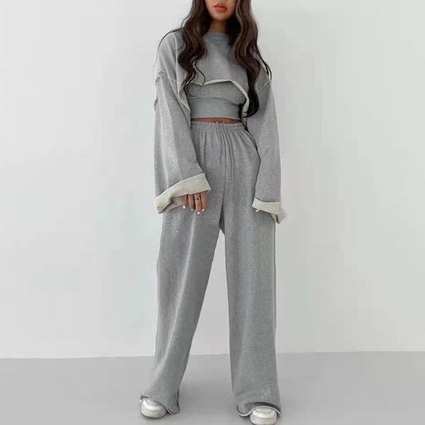 

women's two piece pants [ewq] gray set women o neck long sleeve short high waist loose full length casual sets female tide 16e4024, White