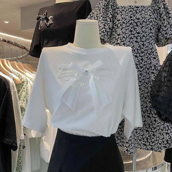 

women's t-shirt 2021 summer design o-neck pullovers loose bow diamond short sleeve white tees all-match casual women t-shirts