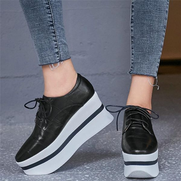 

boots 2021 women lace up genuine leather platform wedges high heel ankle female low square toe fashion sneakers casual shoes, Black