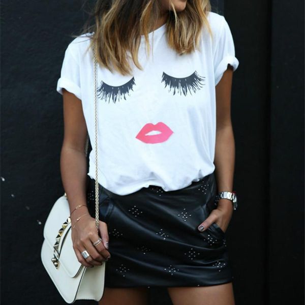 

women's t-shirt 5xl 2021 plus size women clothing black white cotton summer casual lashes lips loose large big blusas