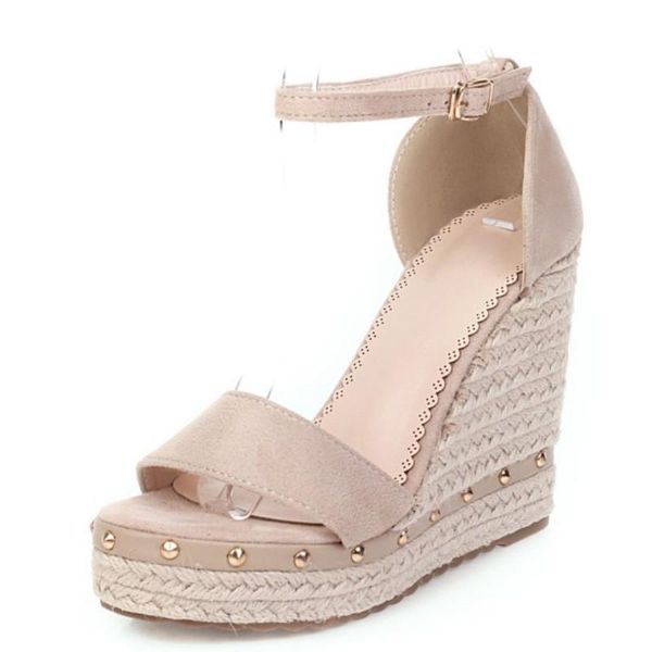 

fanyuan wedge high heel women shoes pu leather fashion platform rivet ladies sandals open-toed buckle pumps size 34-43, Black