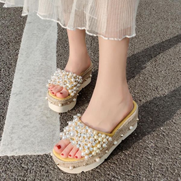 

slippers rimocy women's bling cryatal thick platform summer 2021 pearls peep toe wedegs shoes woman casual beach flip flop mujer, Black