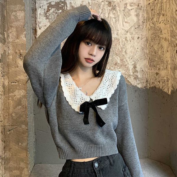 

women's sweaters sweet bow cropped sweater women korean fashion v neck cashmere knitted warm jumper doll collar kawaii female shor, White;black