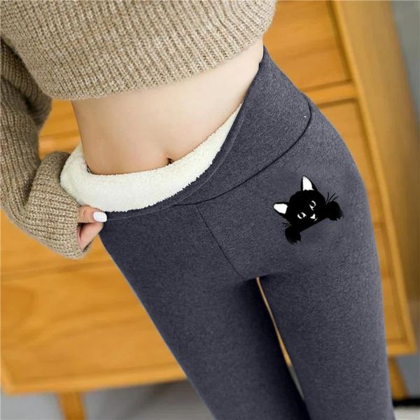 

women's leggings cute cats printed winter thick velvet women solid color workout keep warm elastic waist skinny pants, Black
