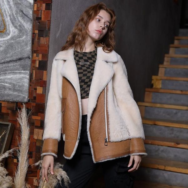 

women's fur & faux woman winter double faced coat genuine merino sheep locomotive streetwear shearling warm jacket real wool outerwear, Black