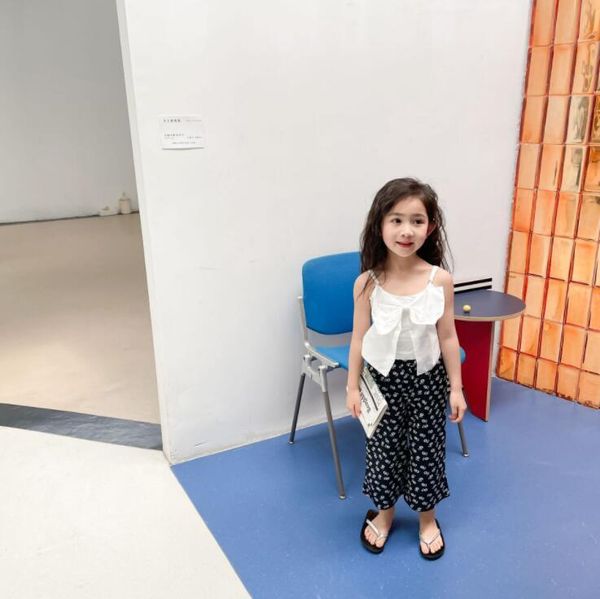 

girls 2 pcs set bow vest+long pants cotton summer fashion suits 2-7 years cy411 clothing sets, White