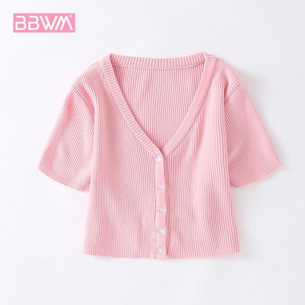 

summer wear women's v-neck short sleeved blouse female single-breasted high-waisted crop t-shirt is versatile and slimming sweaters, White;black