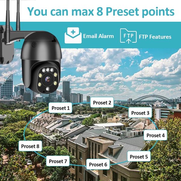 PTZ Câmera 1080P HD Velocidade do Wi-Fi ao ar livre Dome sem fio sem fio CCTV Vigilância IP Onvif P2P