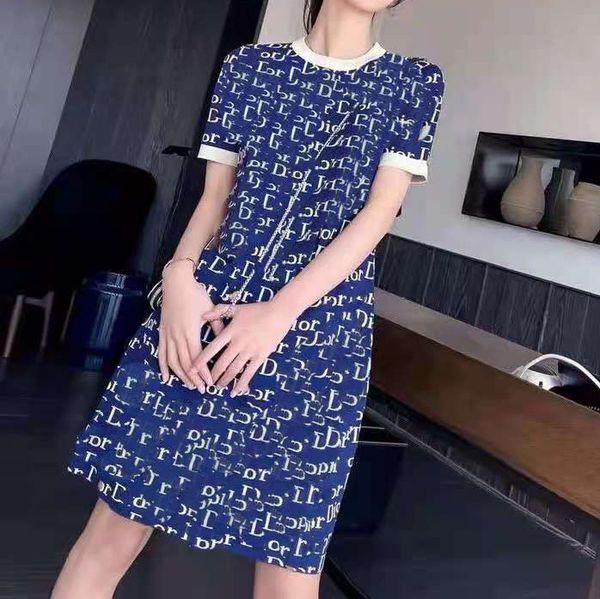 

fashion brand d letter jacquard three dimensional color contrast a-line skirt knitted pullover short sleeve t-shirt fashion slim dress, Black;gray