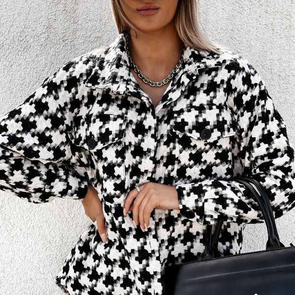 

women's wool & blends autumn and winter long-sleeved houndstooth 2021 printed woolen coat, feminine temperament trend straight casual c, Black