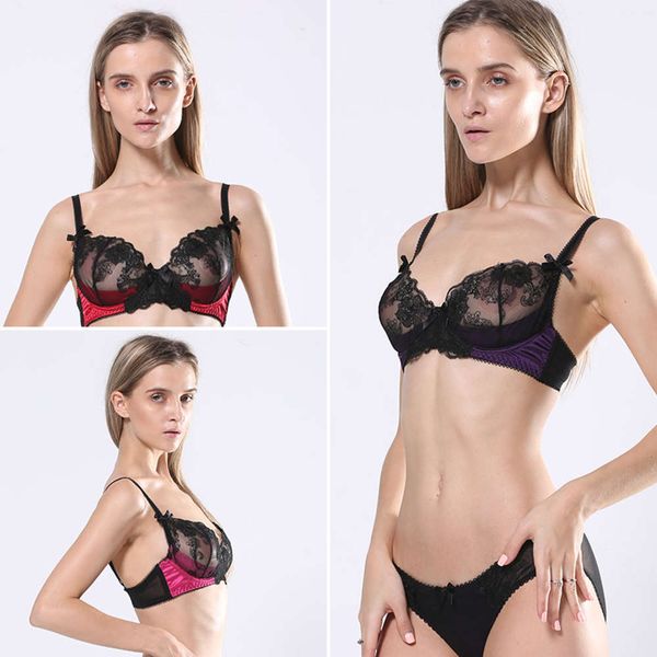 

thin embroidered lace bra set with and thick bottom, Red;black