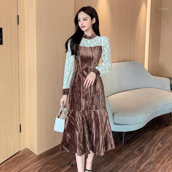 

make spot temperament show pleuche pressure plait lace patchwork dress female casual dresses, Black;gray
