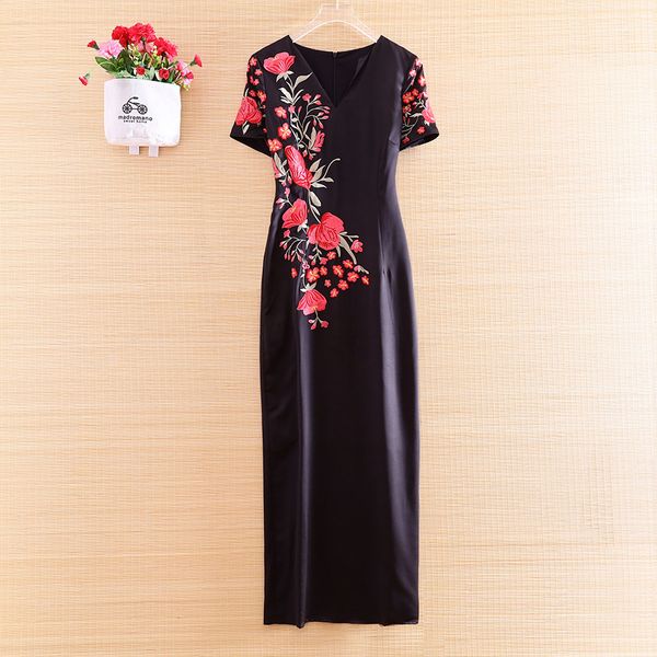 

dress high-end spring and summer v-neck women embrodiery floral retro elegant lady slim party dress s-xxl, Black;gray