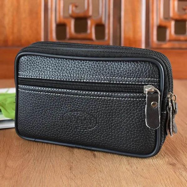 

men fanny pack mobile phone bag genuine cow soft leather double zipper coin purse pocket coffee color bag casual men waist packs