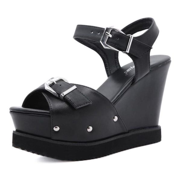

woman shoes summer genuine women platform thick soles sandals wedges high heel 12cm peep toe plus size, Black