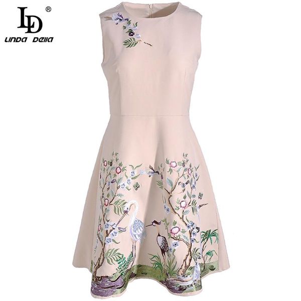 

casual dresses ld linda della fashion runway summer vintage mini dress women sleeveless elegant o-neck embroidered ruffles short vestidos, Black;gray