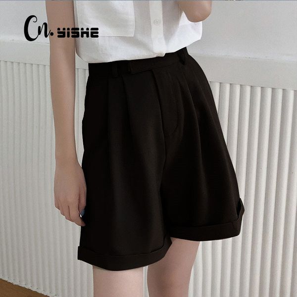 

cnyishe fashion casual loose shorts women bottoms solid black high waist elegant shorts for women beach waer shorts 210419, White;black