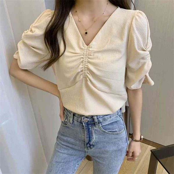 

short sleeve v-neck chiffon shirt puff clavicle women summer korean fashion women's clothing 210520, White