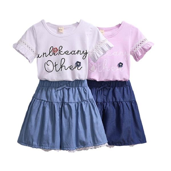 

clothing sets children's clothes girls summer toddler flower short sleeve t-shirt denim skirt 2pcs for kids outfits 3-13y, White