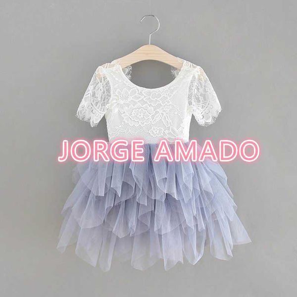 Atacado verão menina vestido cílios de volta fino lace top liso saia tulle gaze princesa crianças roupas e15180 210610