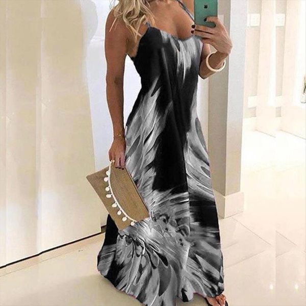 

summer big swing beach womens dresses vintage leaf spaghetti strap o neck long party tunic plus size 5xl, Black;gray