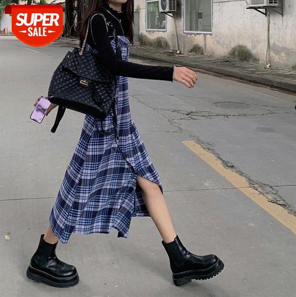 

the world sells blue plaid sling skirt women's hem slit mid-length dress with net red #4l7n, White;black