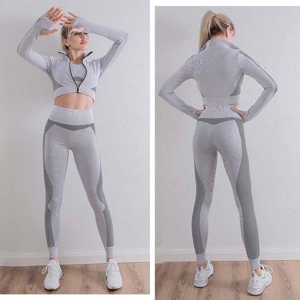 

yoga outfit 3pcs women seamless set fitness sports suits long sleeve shirts high waist running leggings workout clothing