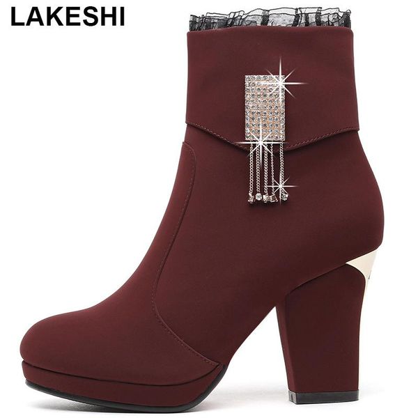 

boots women's shoes female ankle ladies high-heeled flock autumn winter thick with fringed waterproof platform, Black