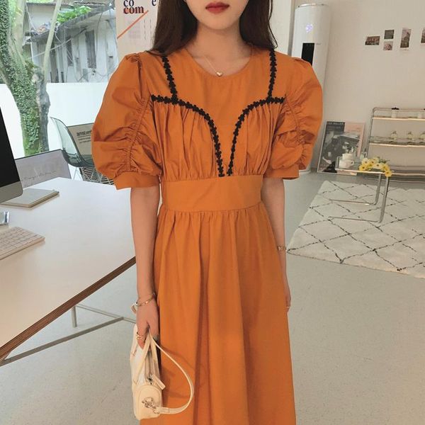 

party dresses [ewq] korea chic casual fashion o neck lace stitching pleated bubble sleeve loose all-match midi dress women summer 2021 16w15, White;black