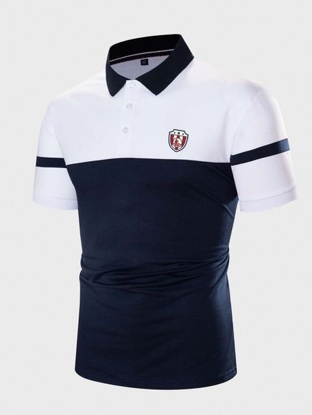 

men badge embroidery colorblock polo shirt p23h#, White;black