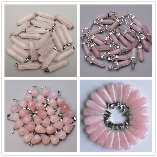 Pedra natural gota de água prisma hexagonal rosa quartzo cura pingentes encantos diy colar jóias acessórios fazendo