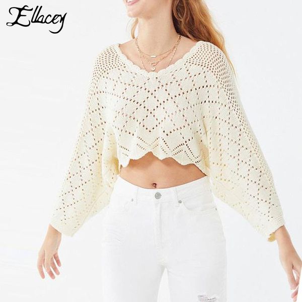 

women's sweaters ellacey sweet fashion hollow out sweater women v-neck thin short ladies knitted pullovers crop female smock, White;black