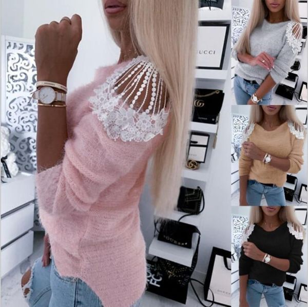 

autumn 2021 elegant lace flower hollow knitted sweater women's solid color long sleeve loose pullover fashionable street style sweaters, White;black