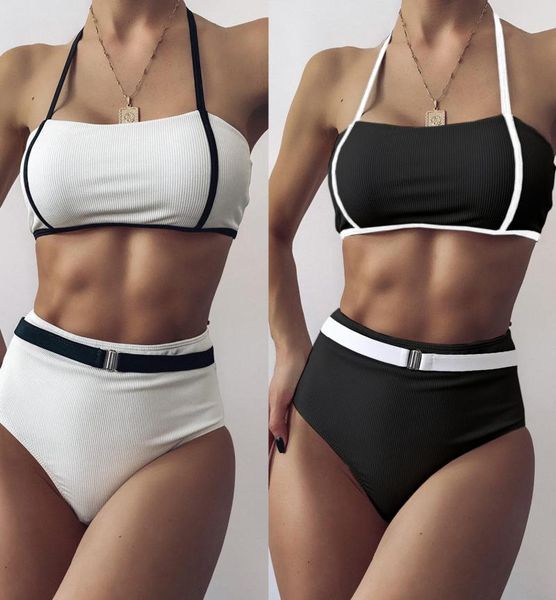

women's swimwear swimsuit push up bikini set women black and white stitching split high waisted bikinis summer beach bathing suits, White;black