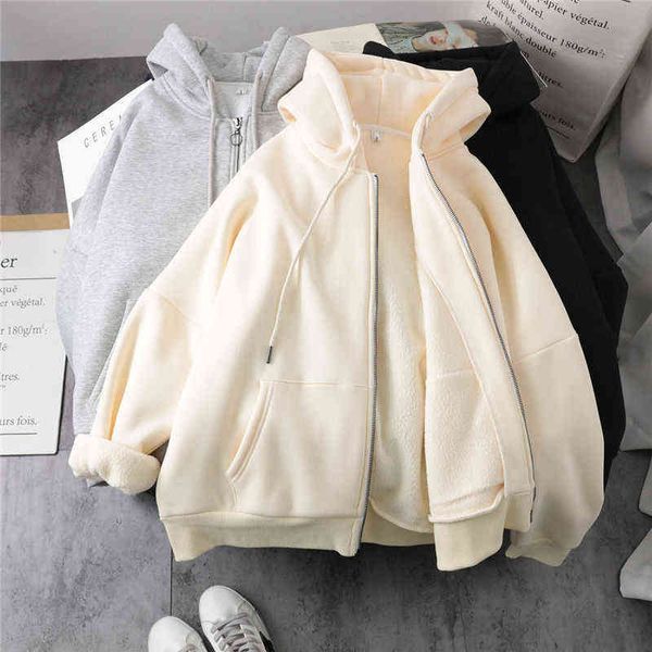 

lazy plush and thick zip-up autumn and winter fashion women sweatshirt hoodie coat korean soild color long sleeve female, Black