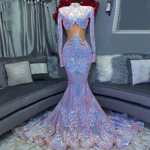 

long fishtail evening dresses 2022 high neck long sleeve sparkly colorful sequined mermaid african aso ebi black girls prom gala gowns, Black;red