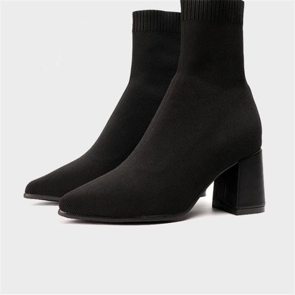 

boots 2021 thick heel pointed fashion socks and women's shoes high heels leisure flying woven, Black
