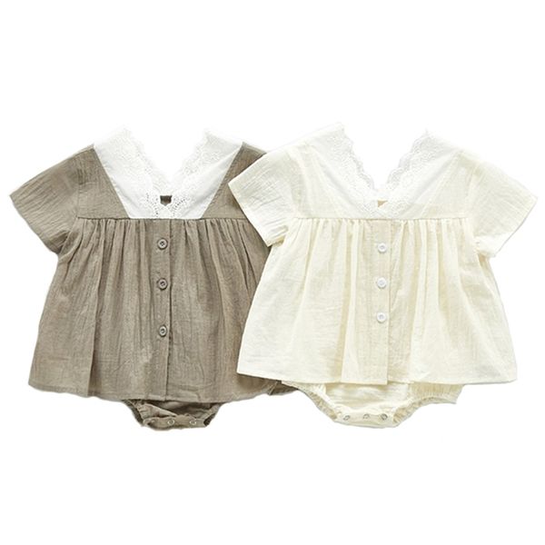 Летние рожденные мальчики девочек Rompers младенческие кружева шить V-образным вырезом младенца с коротким рукавом хлопчатобумажная одежда 210417