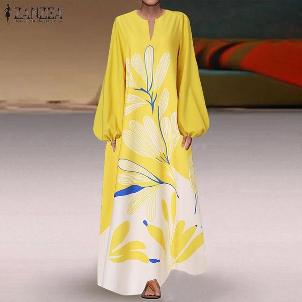 

casual dresses zanzea elegant baggy vestido kaftan women puff sleeve floral printed party long dress summer bohemian fashion sundress, Black;gray