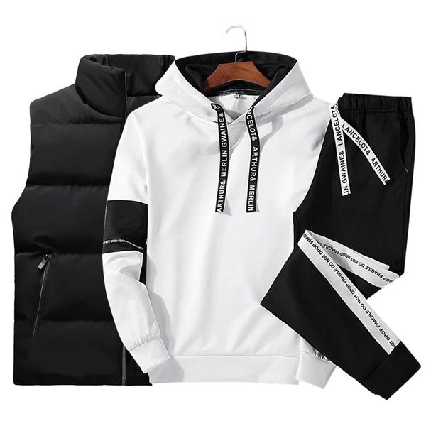 

men's tracksuits 3pc jogger sports suits hoodies+pants+vest set casual tracksuit men fashion sweat suit outfit romper ropa de hombre 20, Gray