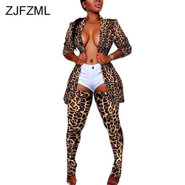 Impressão Animal Sexy 2 Parte Roupas para Mulheres Desligam-se Collar Manga Longa Jaqueta Slim e Bodycon Leggings Clubwear Conjuntos de Correspondência Y0625