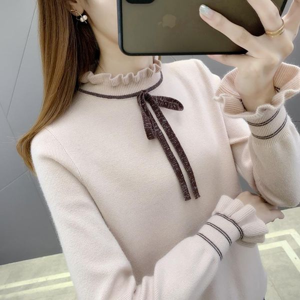 

women's sweaters 5931n zone 3 right] - real s half high collar bow knit pullover bottoming shirt 42, White;black
