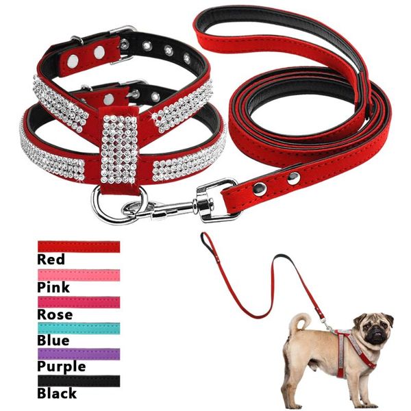 

dog collars & leashes soft bling rhinestone harness diamante suede leather cat puppy kitten harness&leash set for small medium chihuahua s m