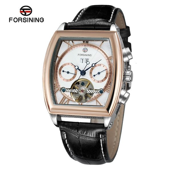 

melting mark man automatic sef-wind movement branded clock with full calendar tonneau shape leather luxury watches, Slivery;brown