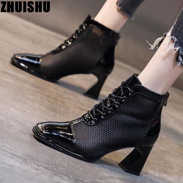 

high heels women sandals summer air mesh breathable metal shoes fashion pu leather lace-up thick heel boots, Black