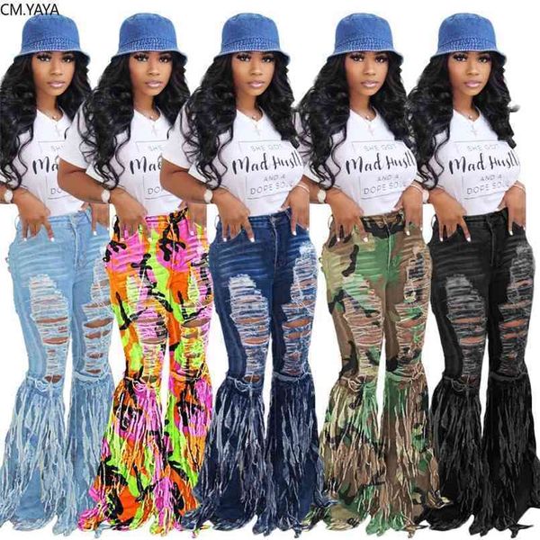 

cm.yaya hole hollow out denim pant retro solid jeans ripped flare trousers street skinny high waist lady 210809, Blue