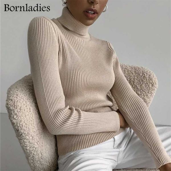 Bornladies Grundlegende Rollkragenpullover für Damen, Herbst-Winter-Oberteile, schlanker Pullover, Strickpullover, weicher, warmer Pullover, 211007