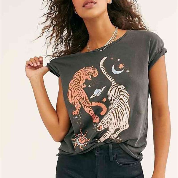 Boho inspiriertes Retro-T-Shirt für Damen, Tiger-Druck, Grafik-T-Shirts für Damen, Sommer-T-Shirt für Damen, Mode für Damen, Boho-Grafik-T-Shirt 210330