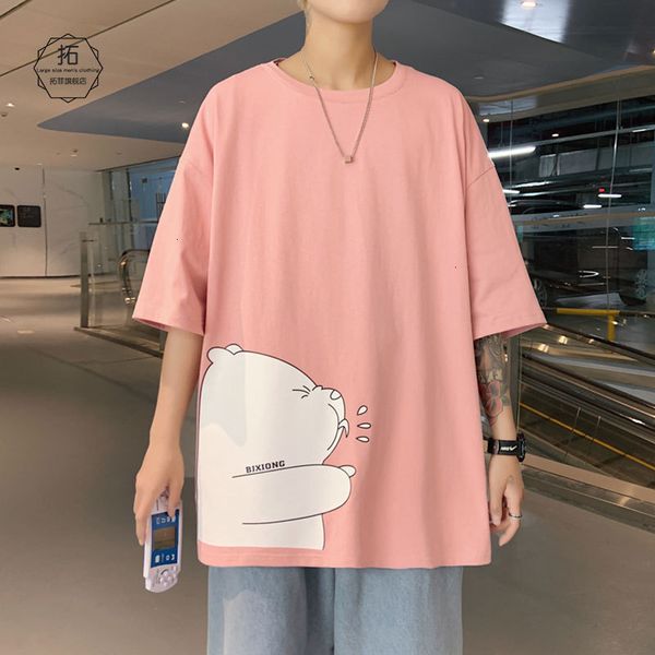 

t-shirts cartoon printed men's pink t-shirt short fashion couple 2021 with loose half sve, White;black